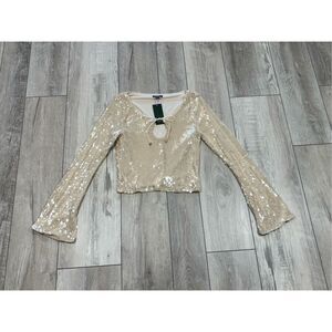 Wild Fable sequin holiday bell sleeve semi crop top elegant bling cream blouse s